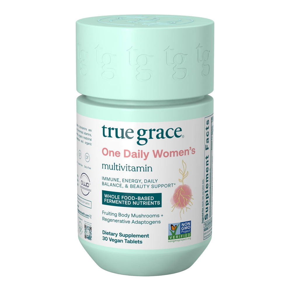 True Grace One Daily bottle label image emphasizes a simple daily wellness routine.