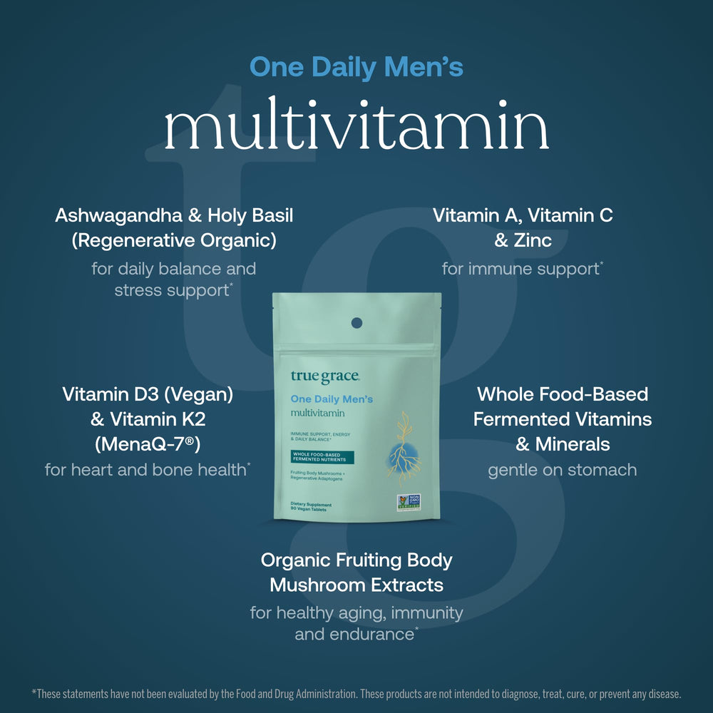 True Grace One Daily with organic mushroom blend emphasizing beta-glucans and immune-supporting compounds