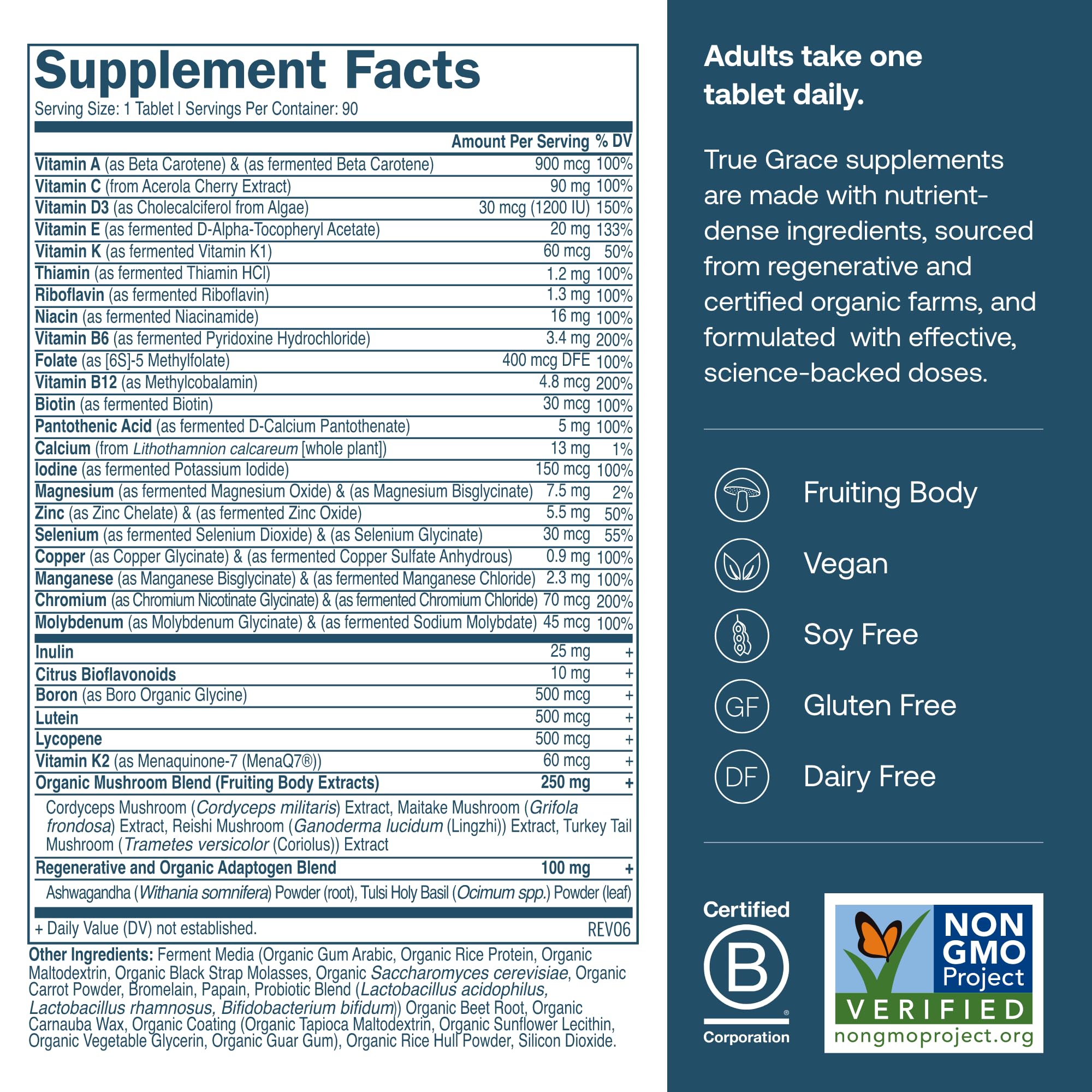Close-up of True Grace One Daily tablets highlighting fermented minerals and plant-based ingredients