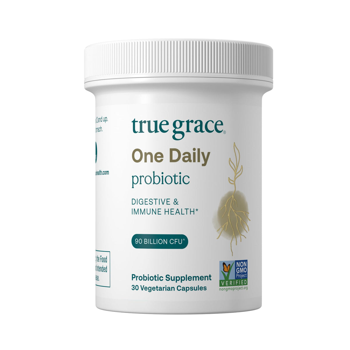 True Grace One Daily Probiotic bottle highlighting 12 strains for gut balance.