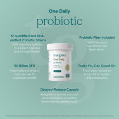 True Grace One Daily Probiotic label shows strain transparency and CFU details.