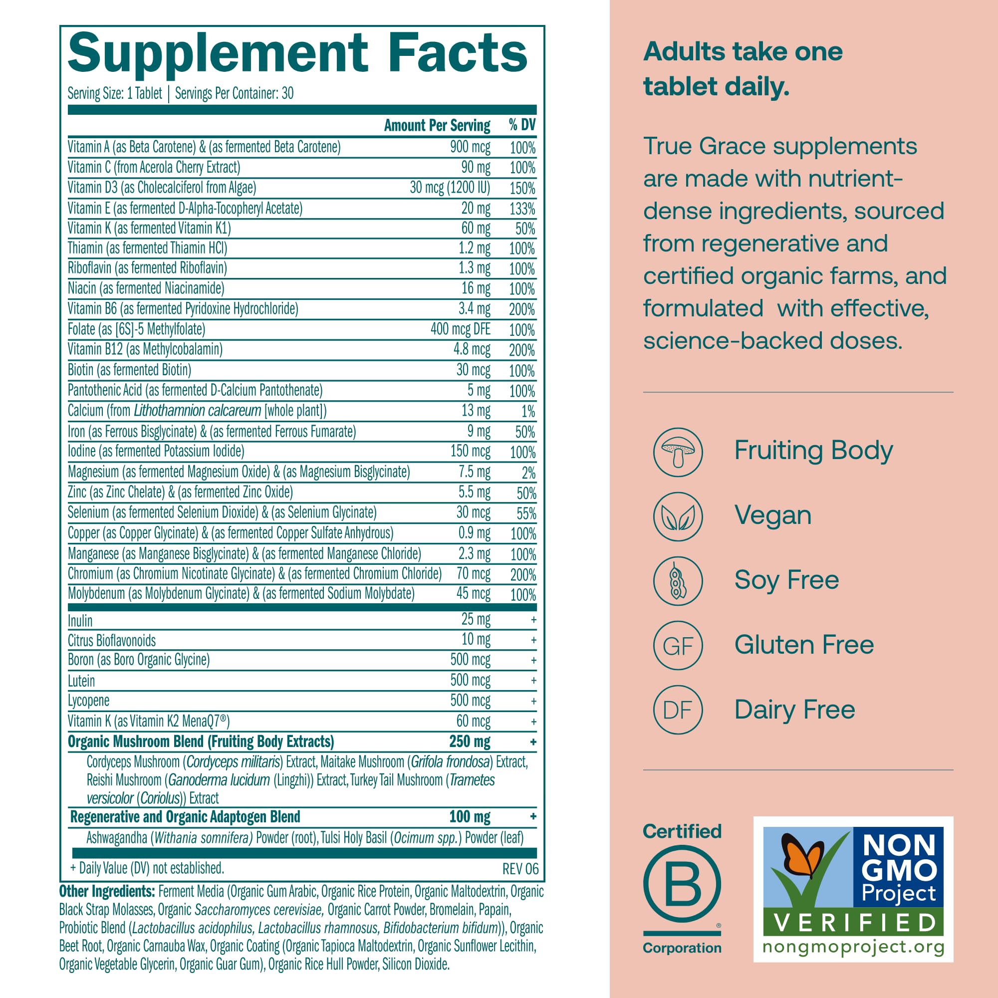 True Grace One Daily tablets closeup highlights vegan, fermented minerals for smooth uptake.