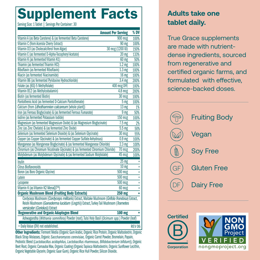 True Grace One Daily tablets closeup highlights vegan, fermented minerals for smooth uptake.
