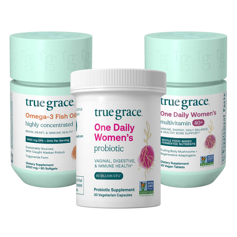 True Grace One Daily Women’s Multivitamin 40+ bottle close-up for daily nutrient support