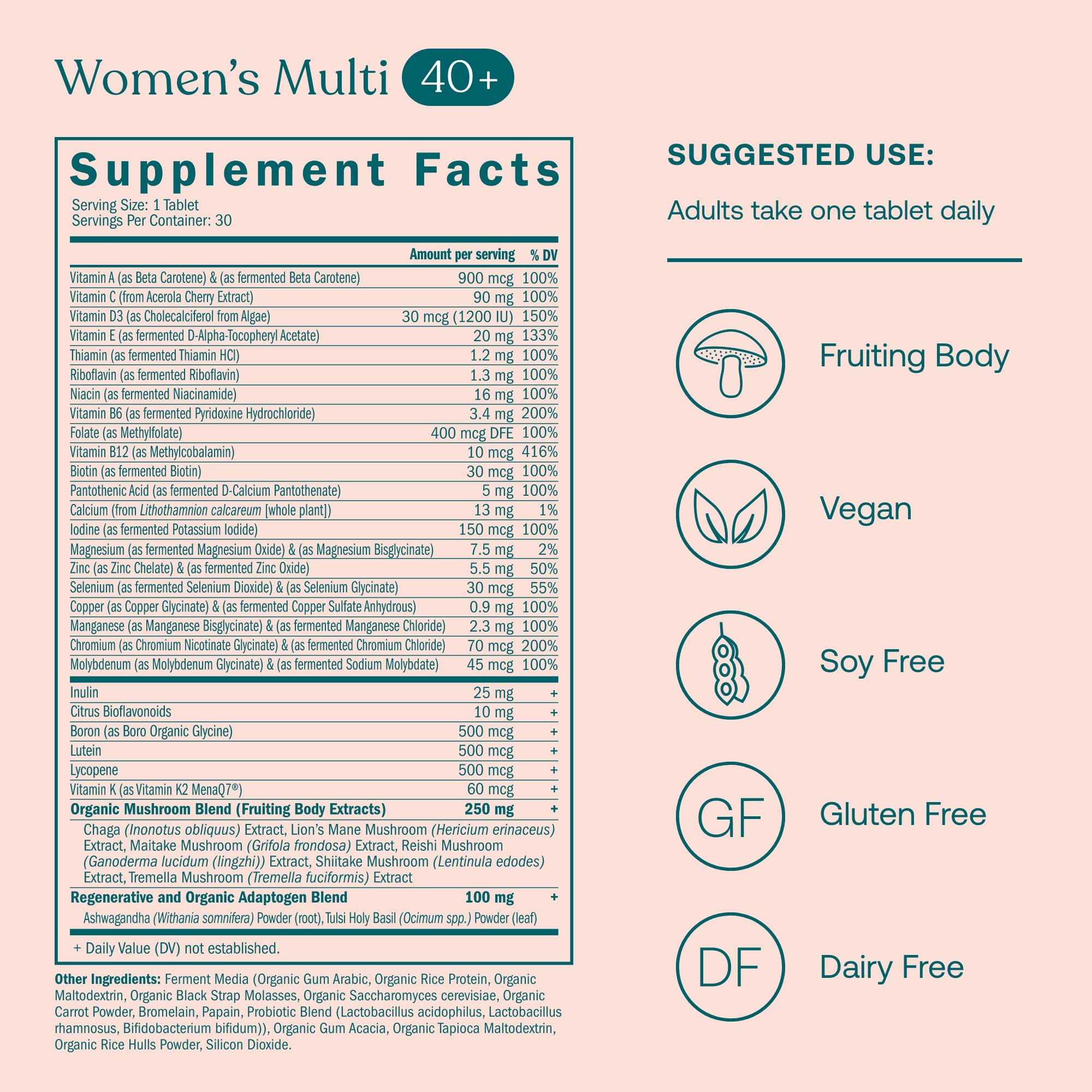 True Grace One Daily Multivitamin 40+ tablets closeup shows chelated minerals and probiotic absorption.
