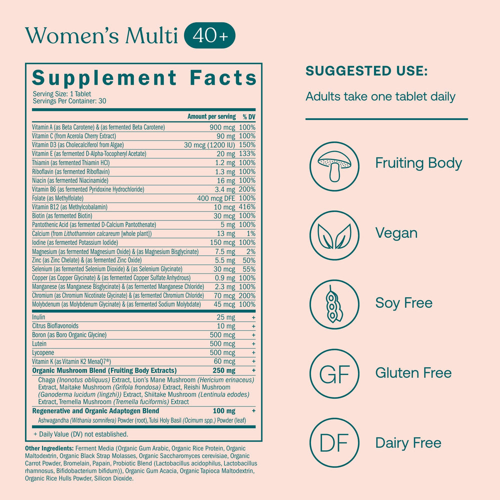 True Grace One Daily Multivitamin 40+ tablets closeup shows chelated minerals and probiotic absorption.