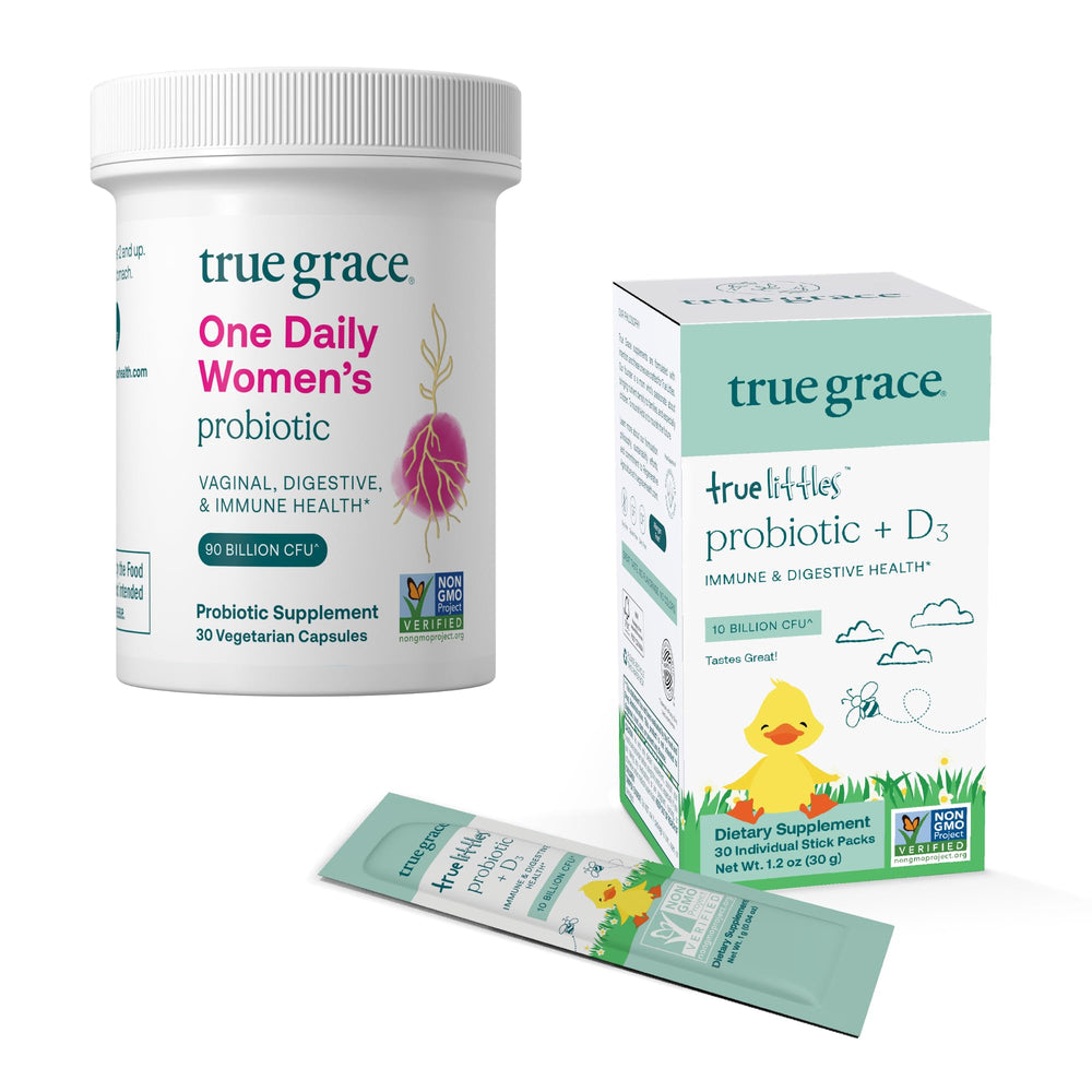 True Grace One Daily Women's Probiotic bottle close-up highlighting digestive support