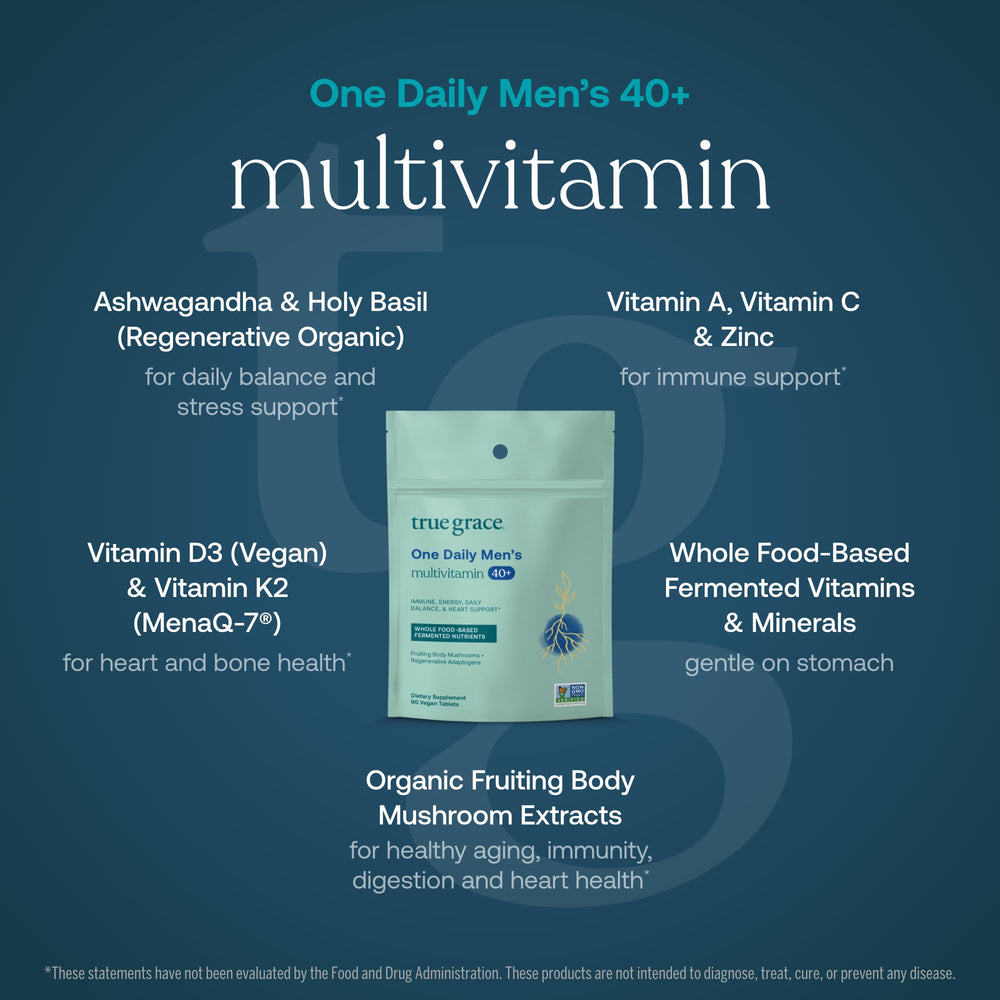 True Grace organic mushroom blend capsules showing beta-glucans and immune-supporting compounds.