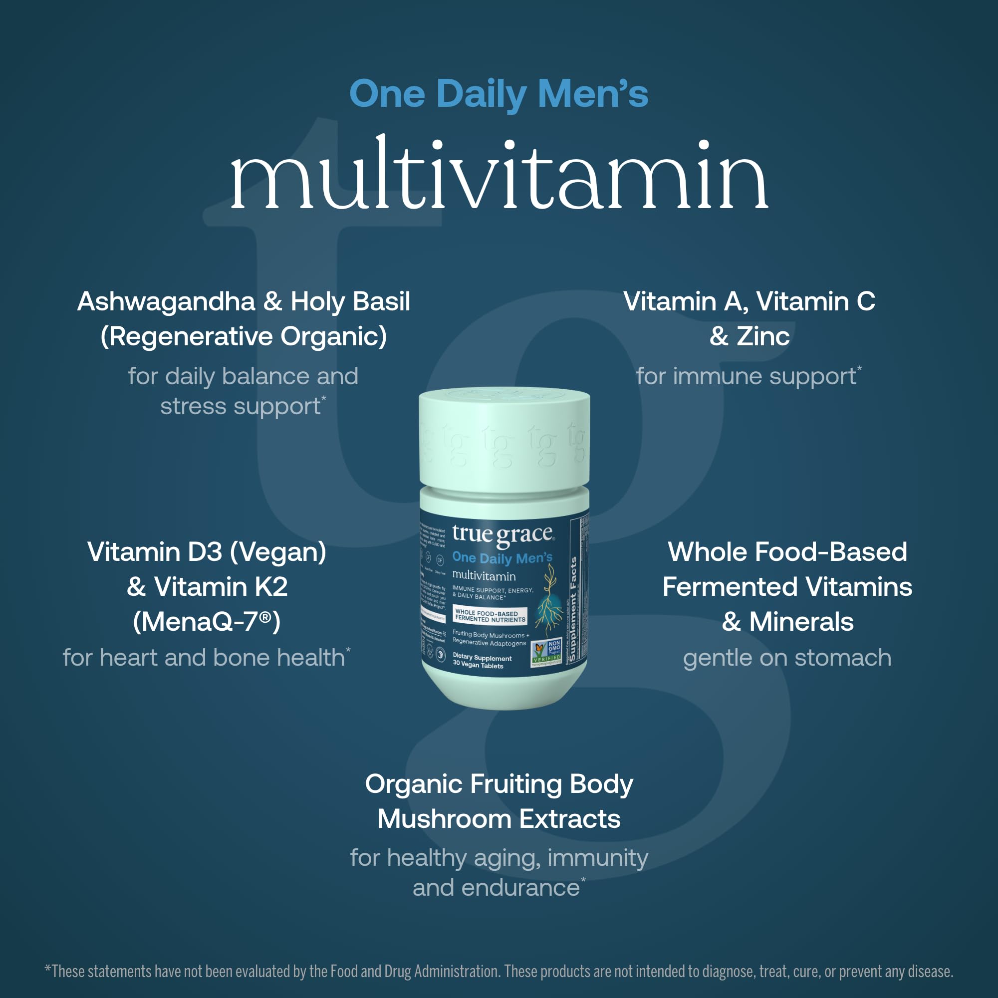 True Grace organic mushroom blend highlighting beta-glucans for immune-friendly support and energy.