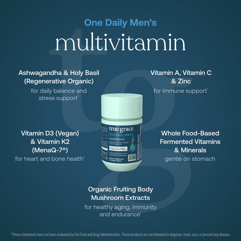 True Grace organic mushroom blend highlighting beta-glucans for immune-friendly support and energy.