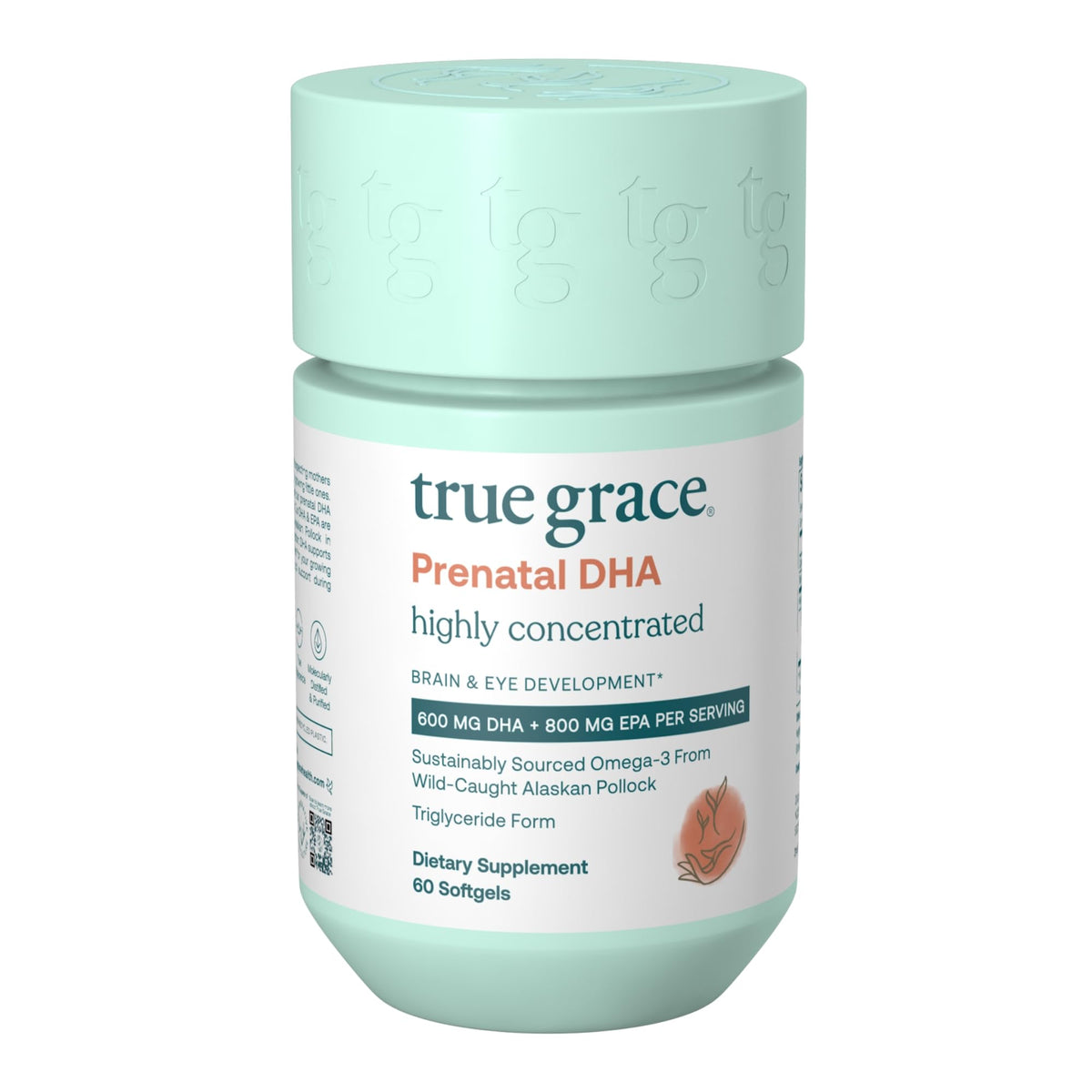 True Grace Prenatal DHA softgels bottle front view; potential support for prenatal nutrition