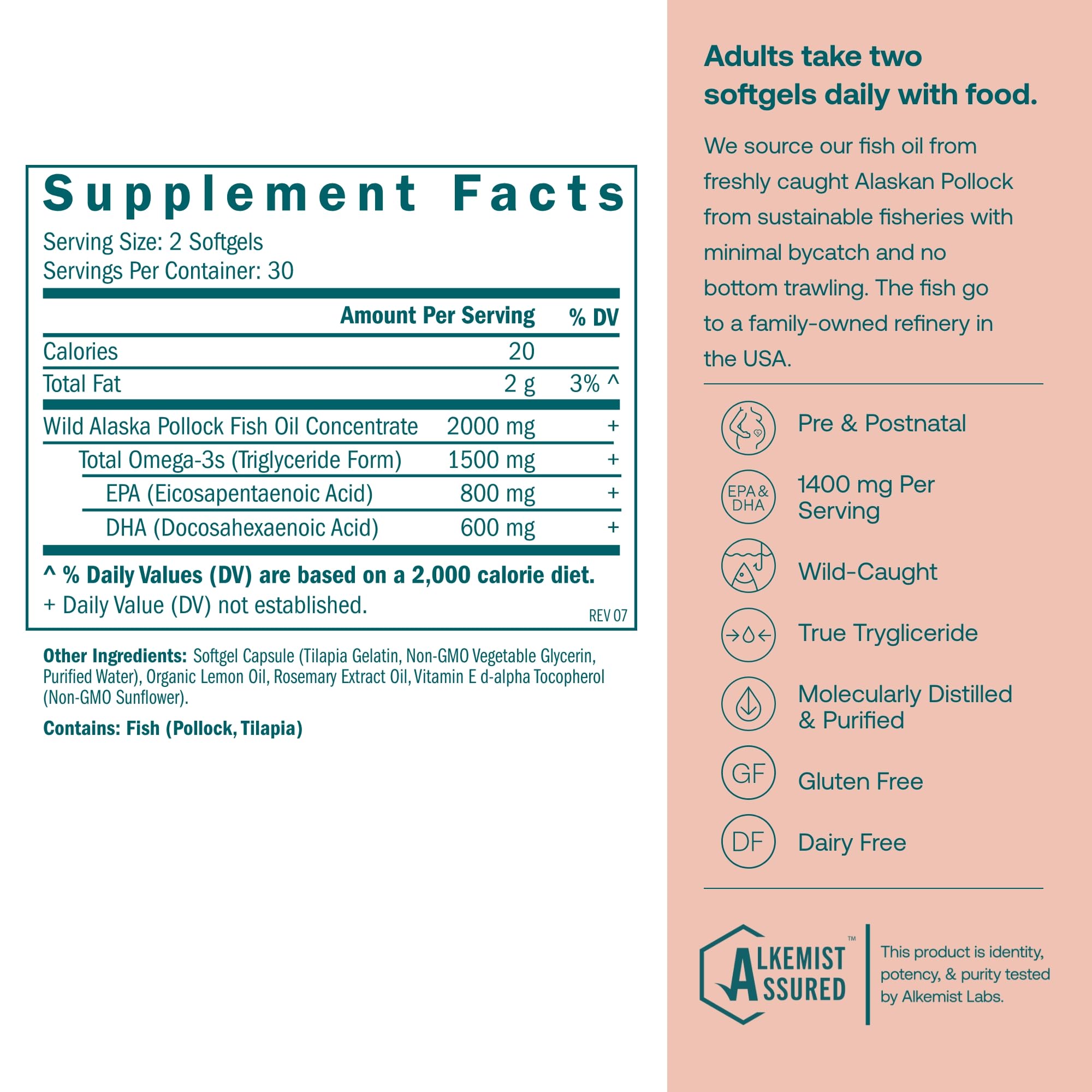 True Grace Prenatal DHA bottle side view; sustainably sourced omega-3 for pregnancy support