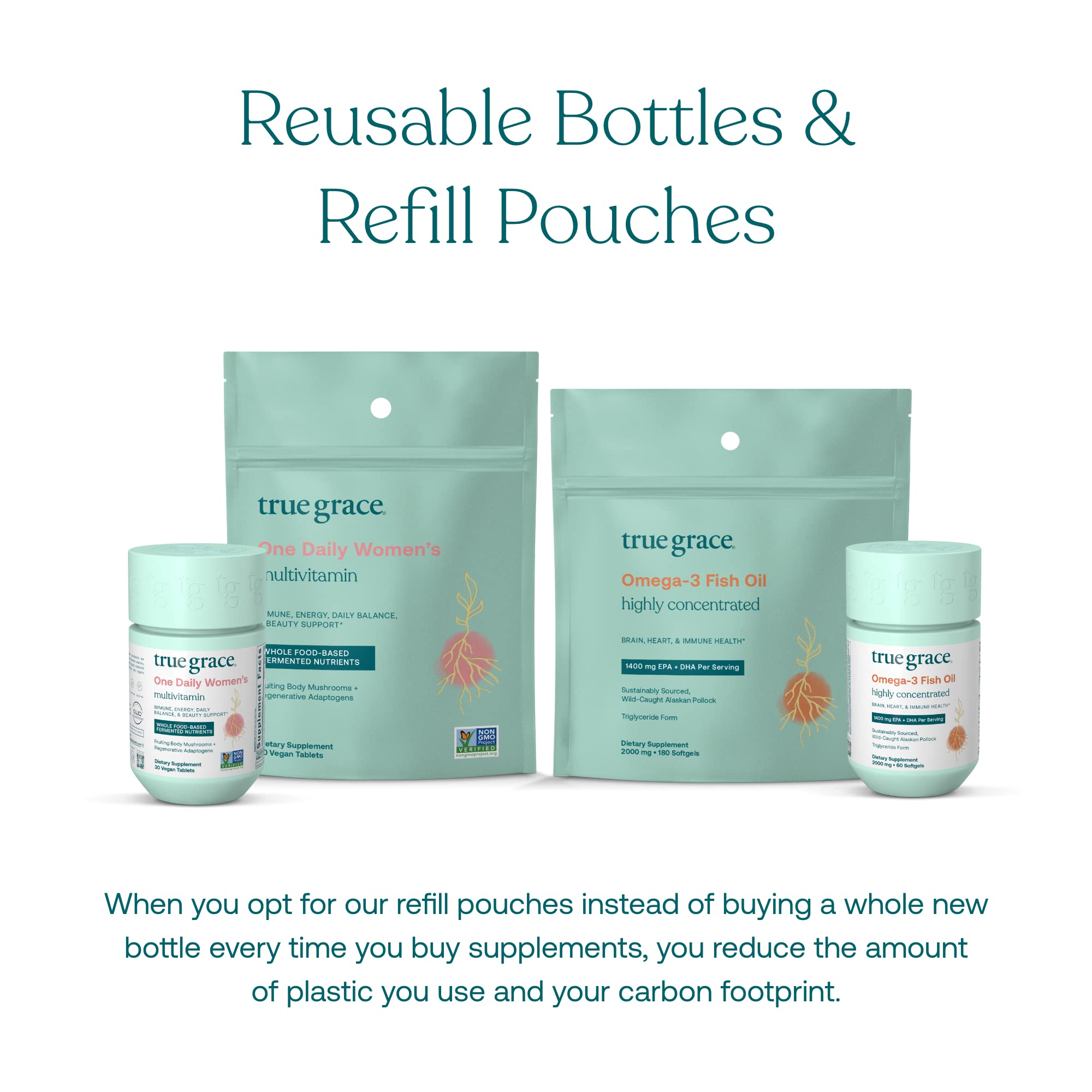 True Grace refill pouch carbon-neutral packaging for eco-friendly supplement refills.