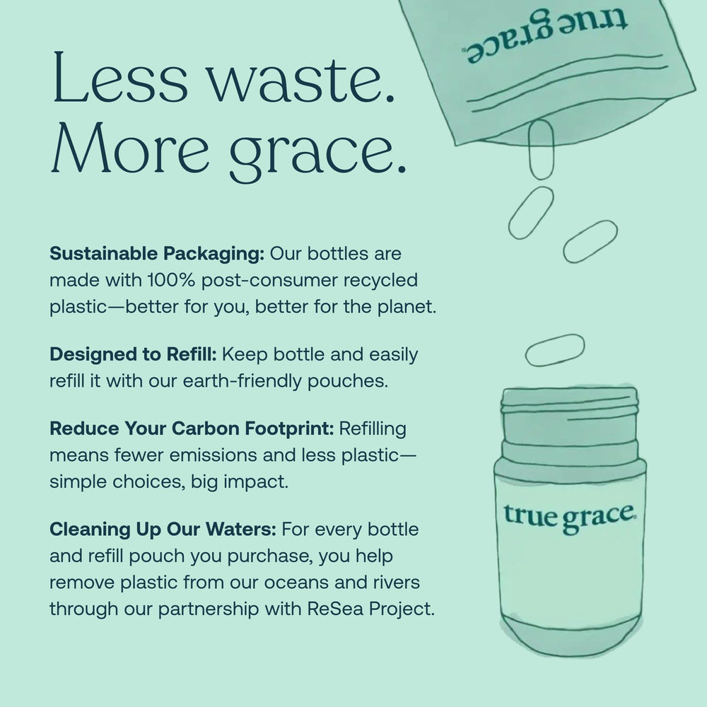 True Grace refill pouch eco packaging with bottle to reduce waste.
