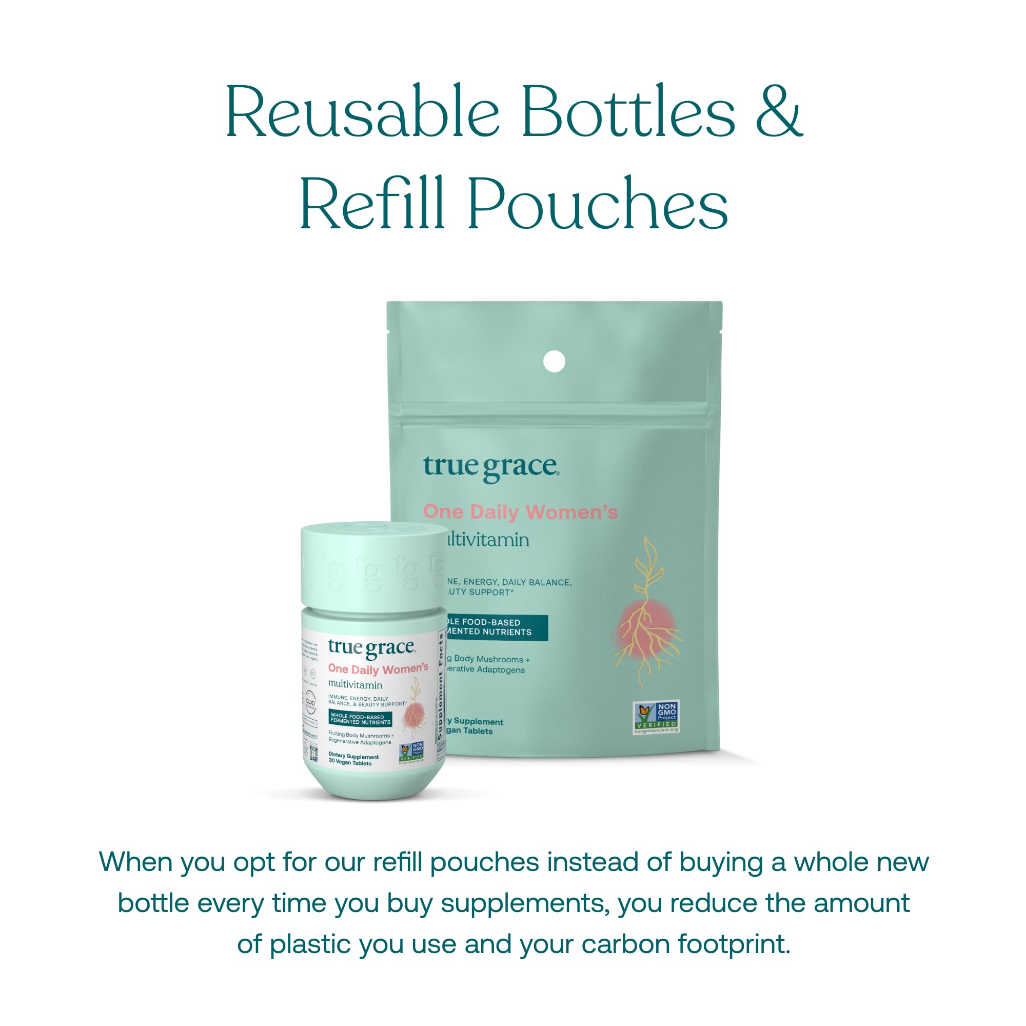 True Grace refill pouch packaging supports eco-friendly nutrition.
