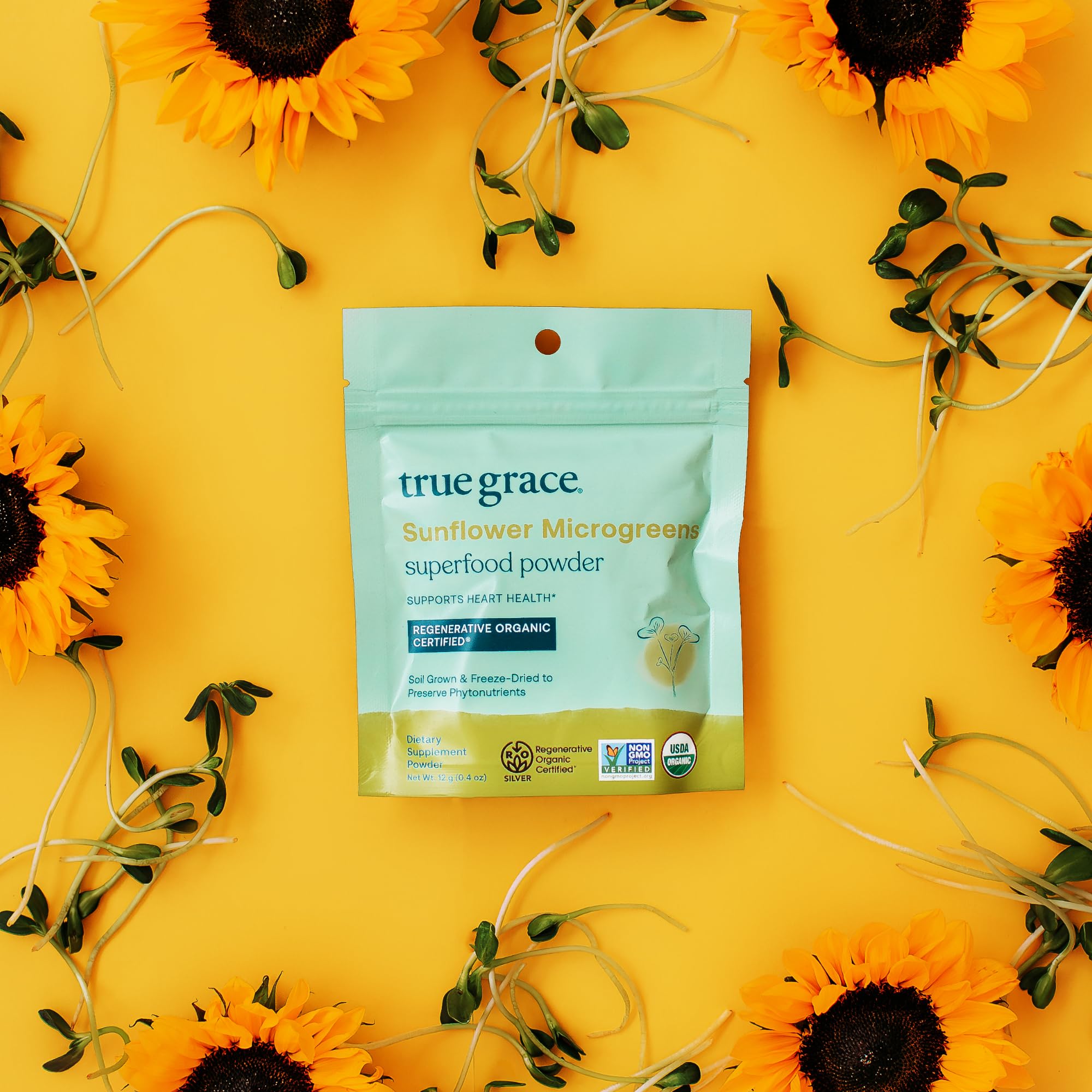 Ingredients panel featuring True Grace Sunflower Microgreens notes.