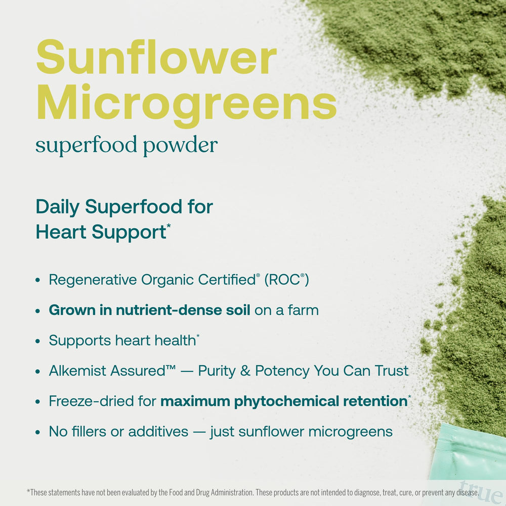 Close-up label of True Grace Sunflower Microgreens packaging.
