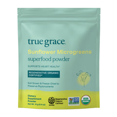 True Grace Sunflower Microgreens powder in tub boosts daily nutrition.