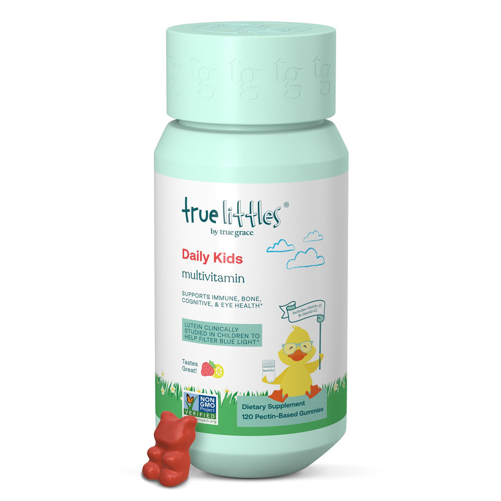 True Grace True Littles bottle with colorful gummies for kid-friendly daily nutrition.