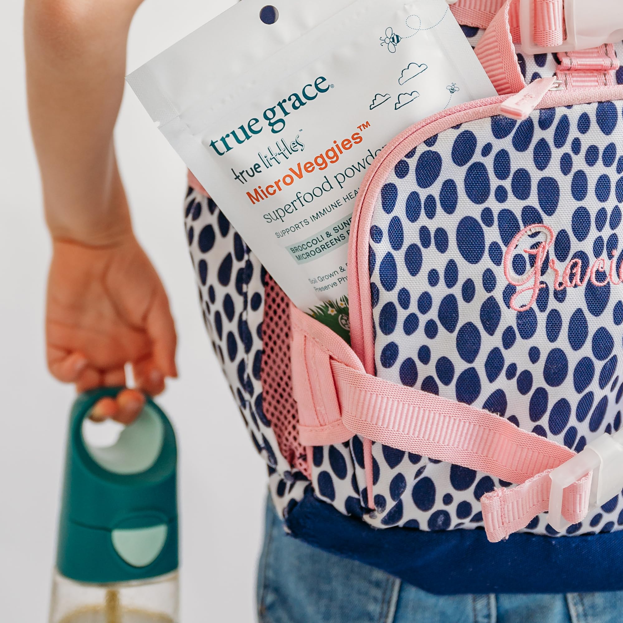 Gluten-free label on True Grace MicroVeggies highlights allergy-friendly nutrition.