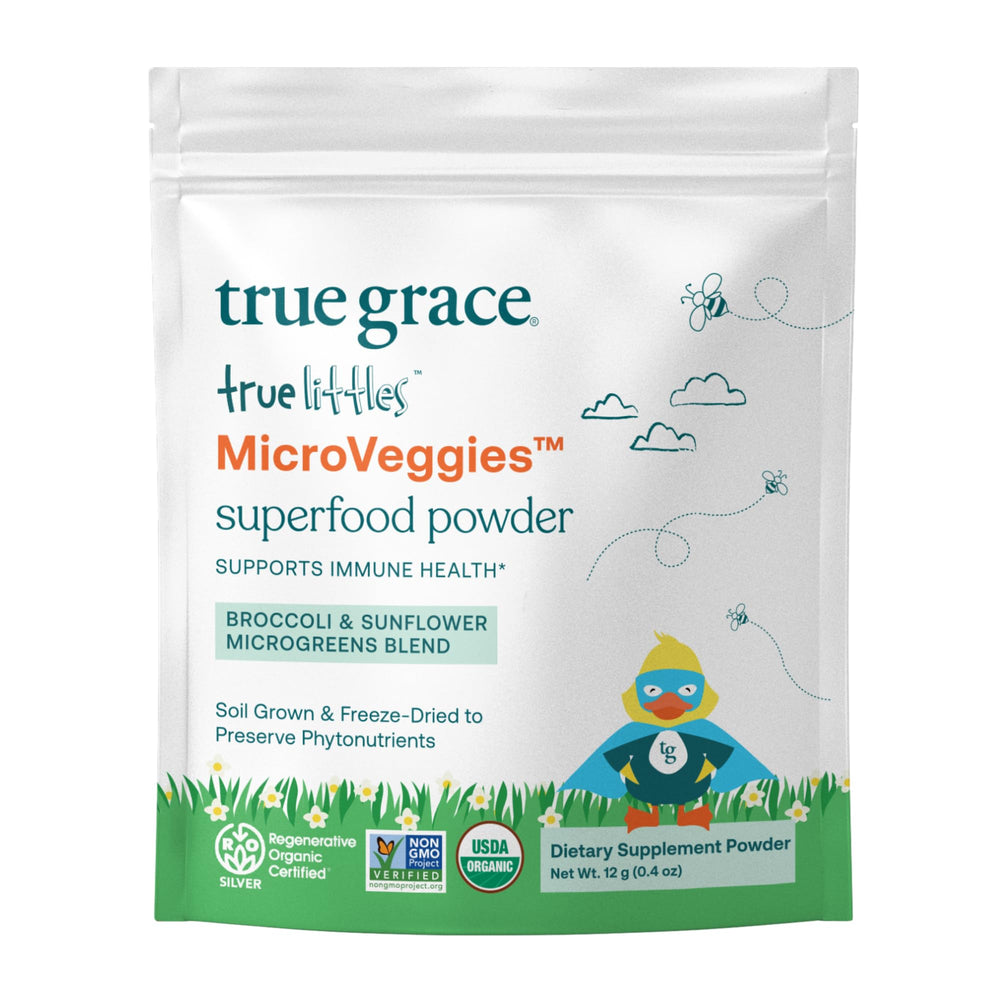 The True Grace True Littles MicroVeggies bottle offers a daily greens boost for kids.