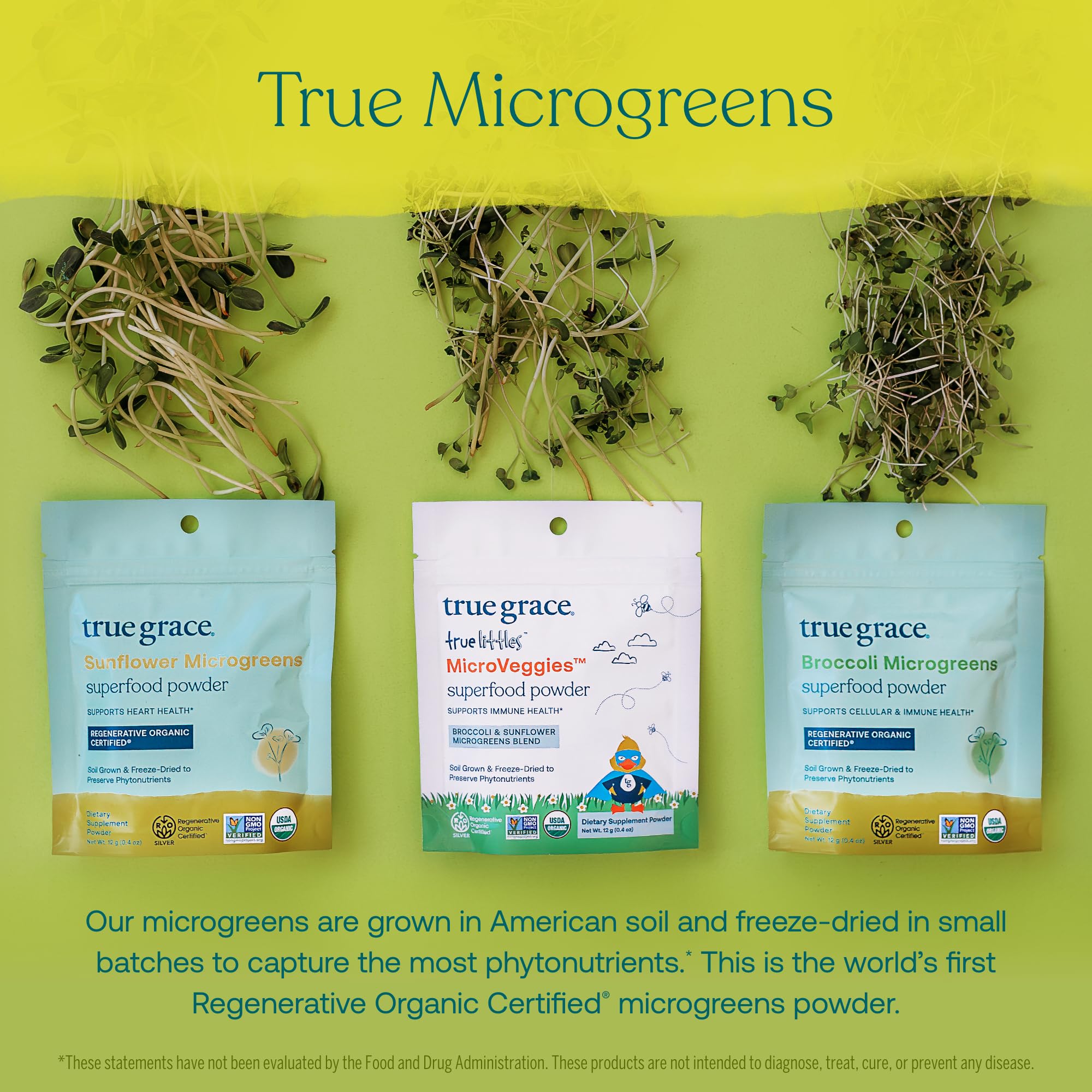 Vegan symbol on packaging supports plant-based daily greens for families.