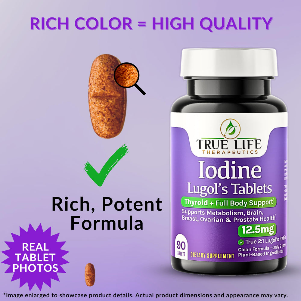 Label close-up showing dual-form iodine formula for True Life Therapeutics Lugol's tablets.
