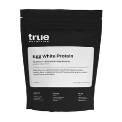 True Nutrition egg white protein bottle showing a high-protein, low-carb formula for active lifestyles.