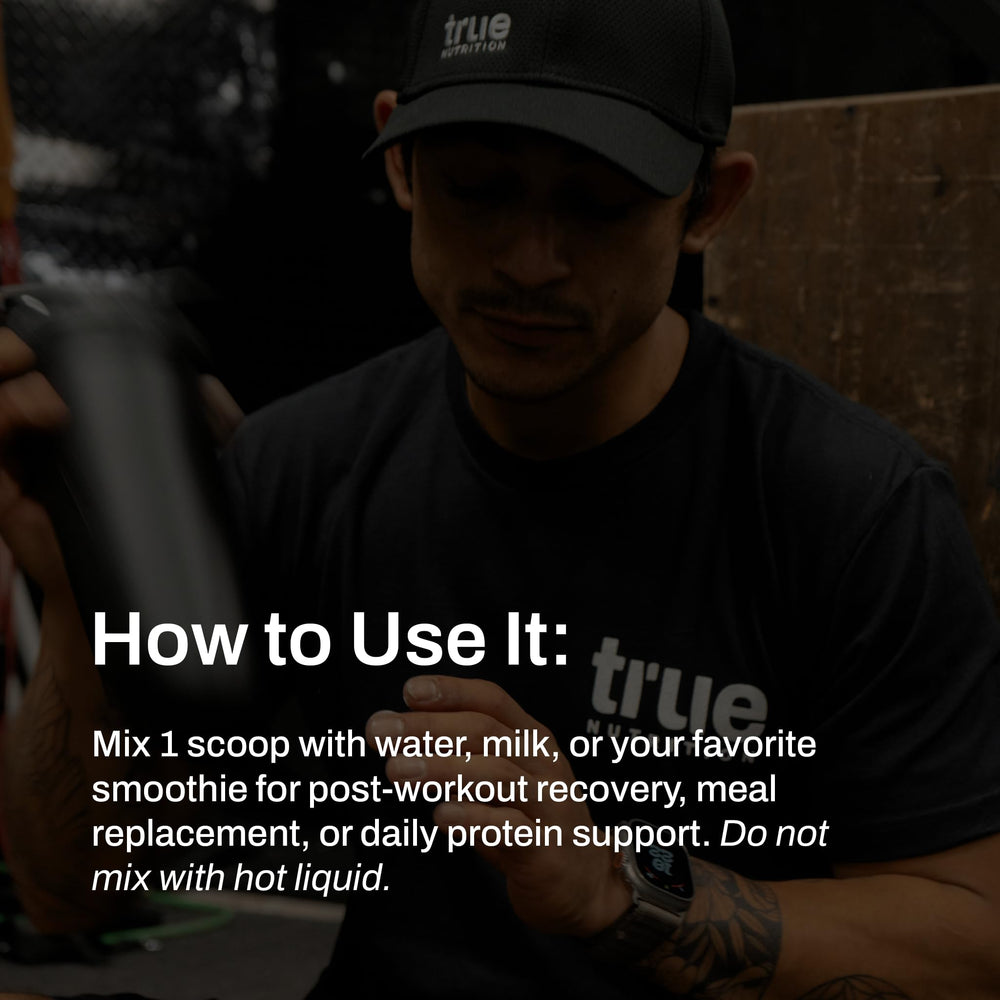 True Nutrition egg white protein shake glass illustrates convenient post-workout fueling.