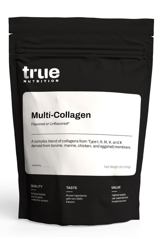 True Nutrition Multi-Collagen Powder bottle front, a clean multi-source blend for daily use.