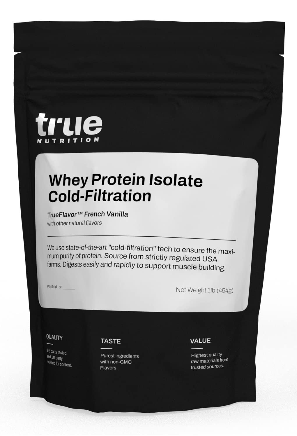 True Nutrition vanilla whey isolate bottle shows clean taste and easy mix for daily use.