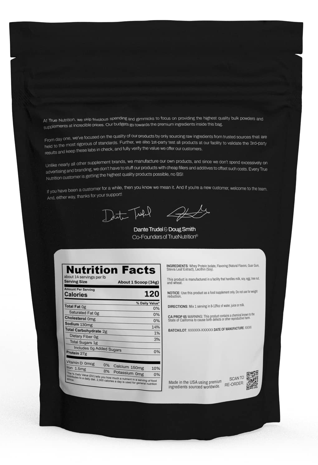 True Nutrition vanilla whey isolate powder scoop highlights high protein per serving for workouts.