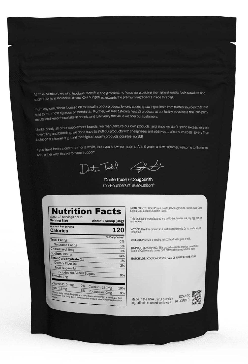 True Nutrition vanilla whey isolate powder scoop highlights high protein per serving for workouts.