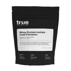 True Nutrition Whey Isolate Cold-Filtration bottle shows fat-free, easily mixable protein.