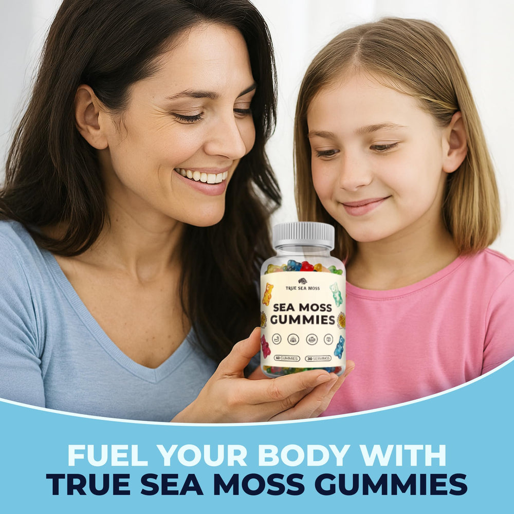 TrueSeaMoss packaging highlights Irish Sea Moss and bladderwrack blend ingredients.