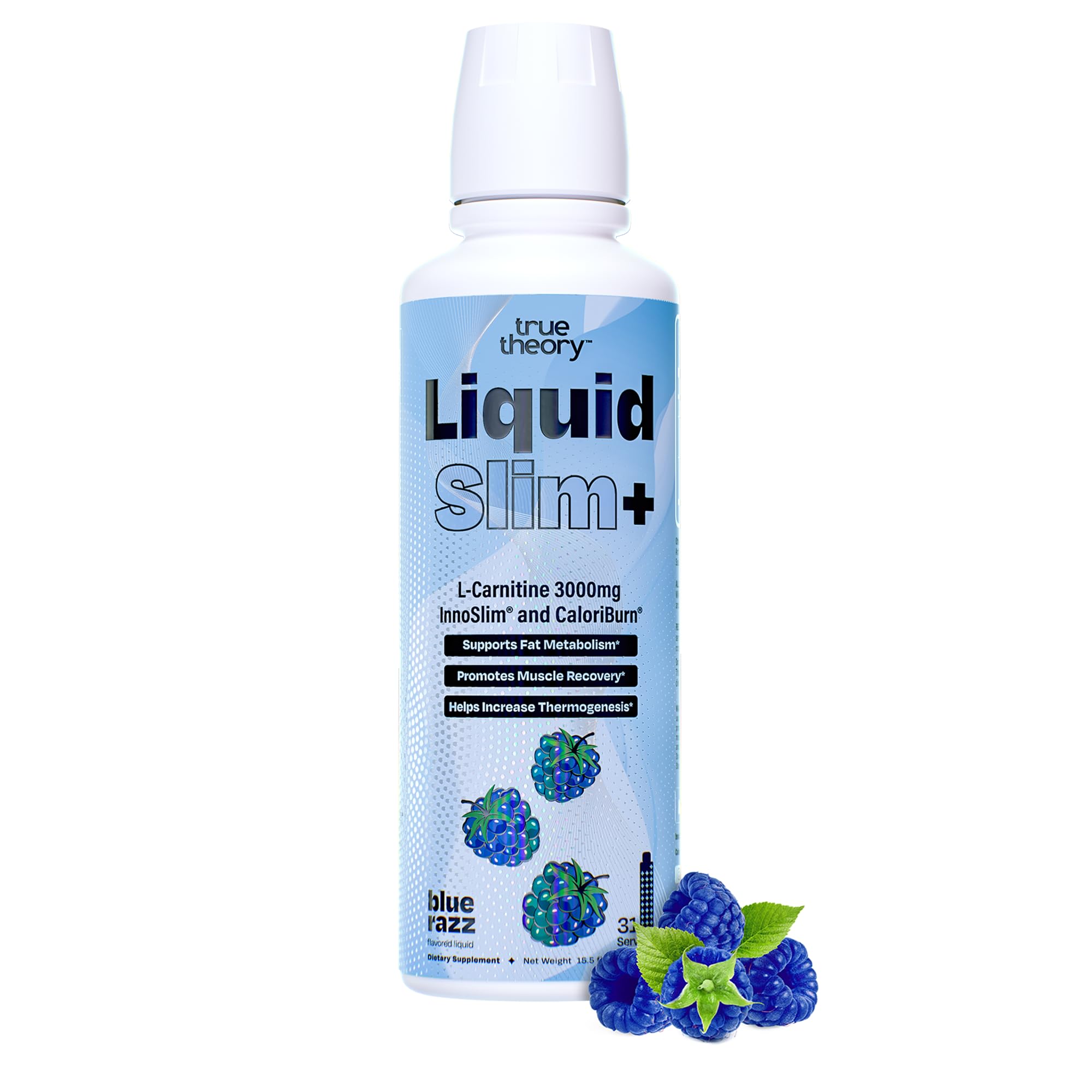 True Theory Liquid Slim blue razz bottle, zero calories for convenient everyday use.