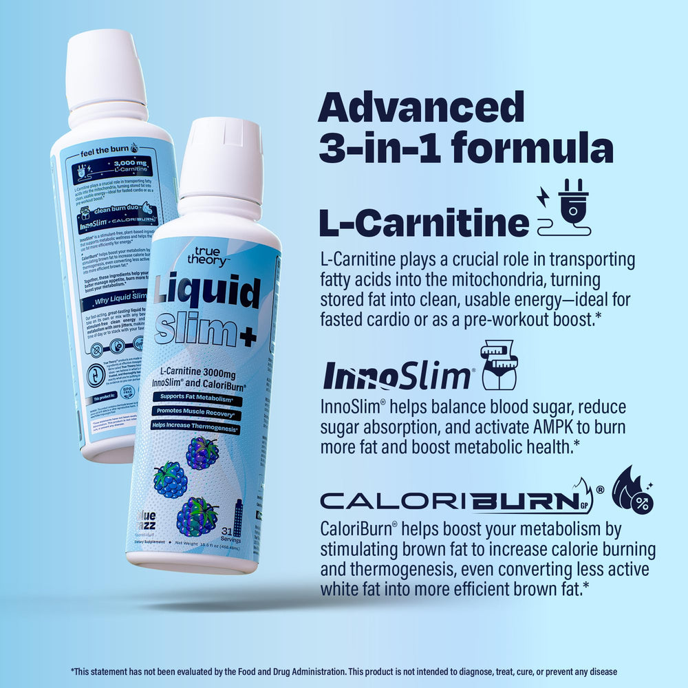 True Theory Liquid Slim label close-up highlights premium ingredients and flavor.