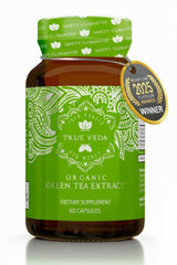 True Veda green tea extract capsules bottle highlights convenient vegan supplement.