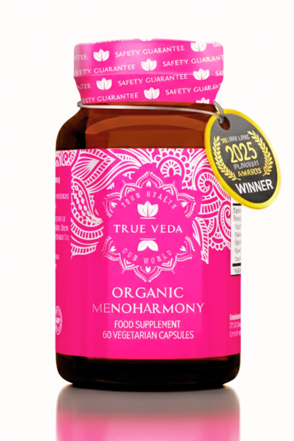 True Veda MenoHarmony bottle showing vegan menopause support.