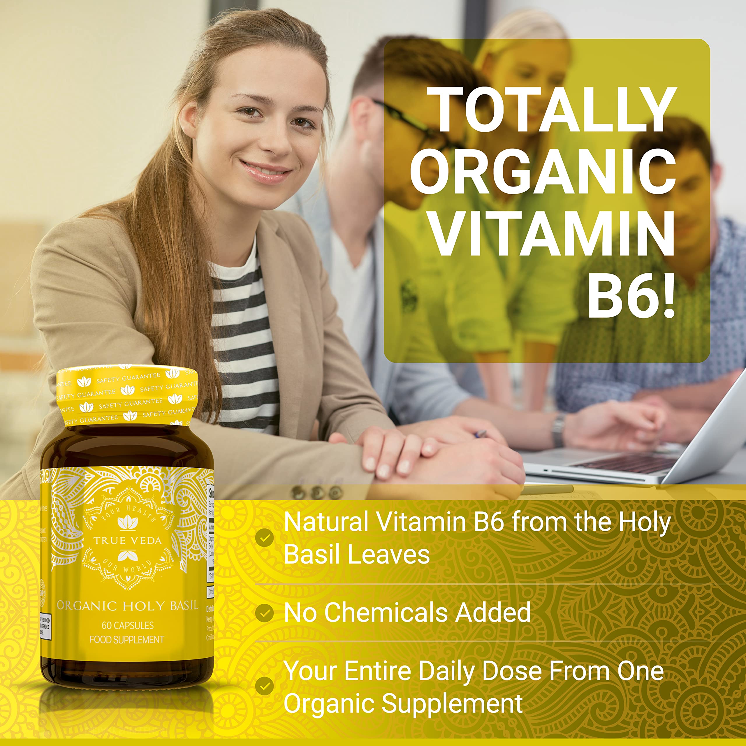 True Veda organic Tulsi extract image emphasizes vegan-friendly formula
