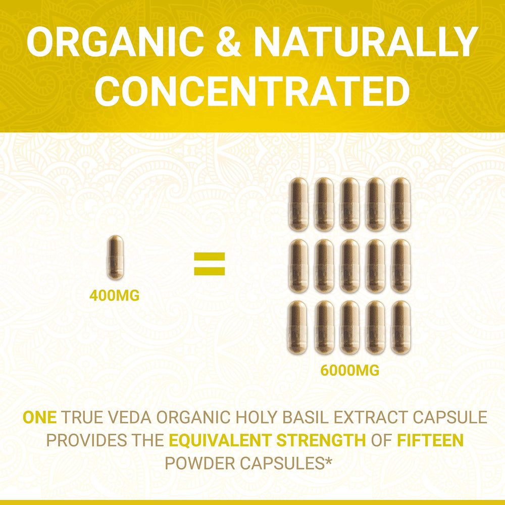 True Veda Tulsi capsules closeup highlighting high-strength ursolic acid content