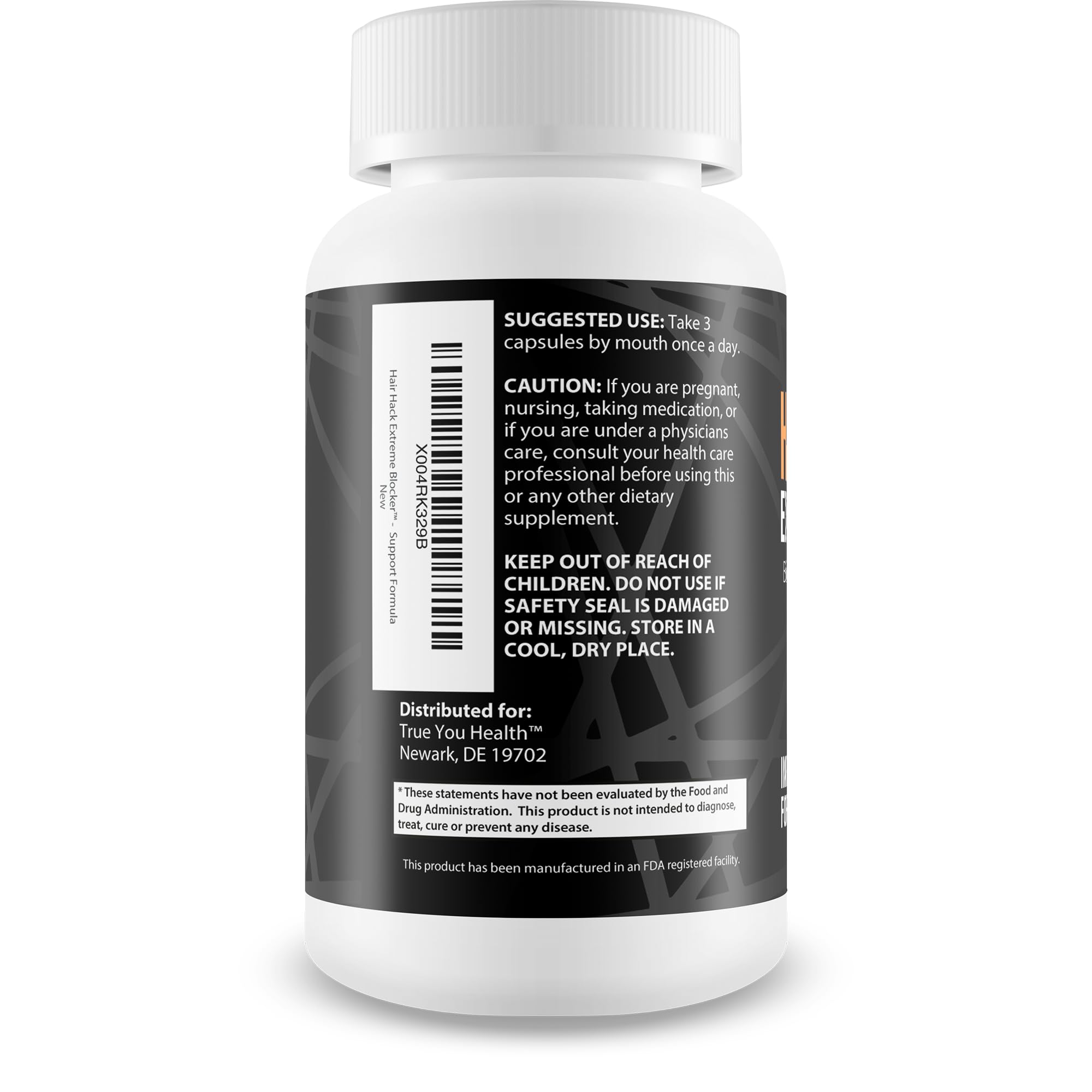 Close-up of Hair Hack Extreme Blocker label highlighting biotin and D3 benefits