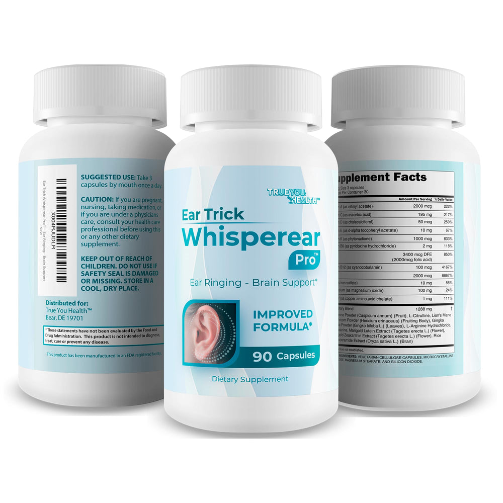 True You Health Ear Trick Whisperear Pro capsules closeup suggests nutrient support for auditory nerves.