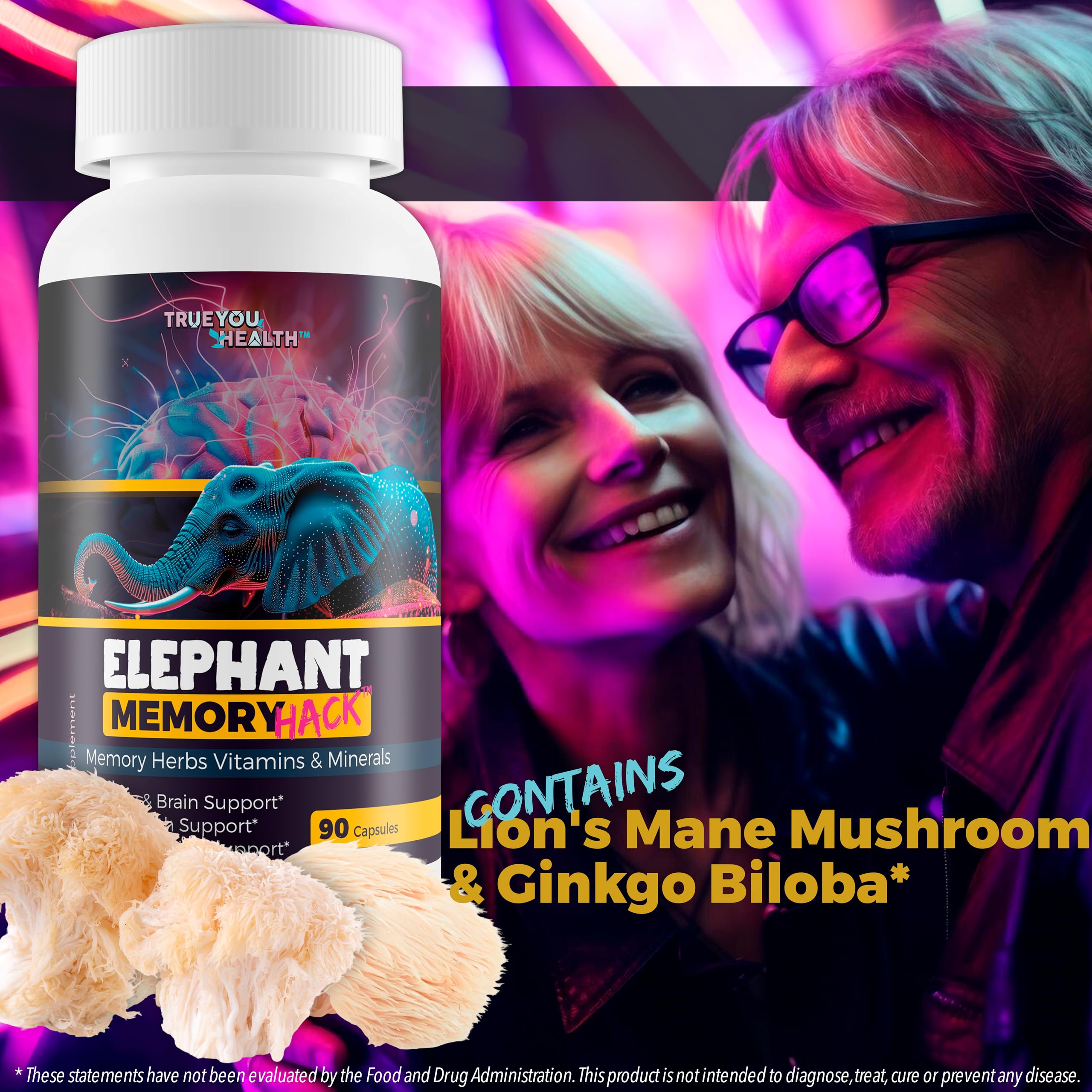 True You Health Lion's Mane capsules arranged for memory and nerve support.