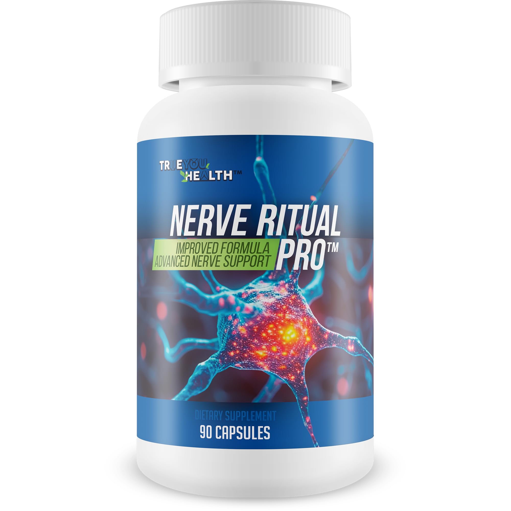 True You Health Nerve Ritual Pro bottle front shows the premium memory and nerve support formula.