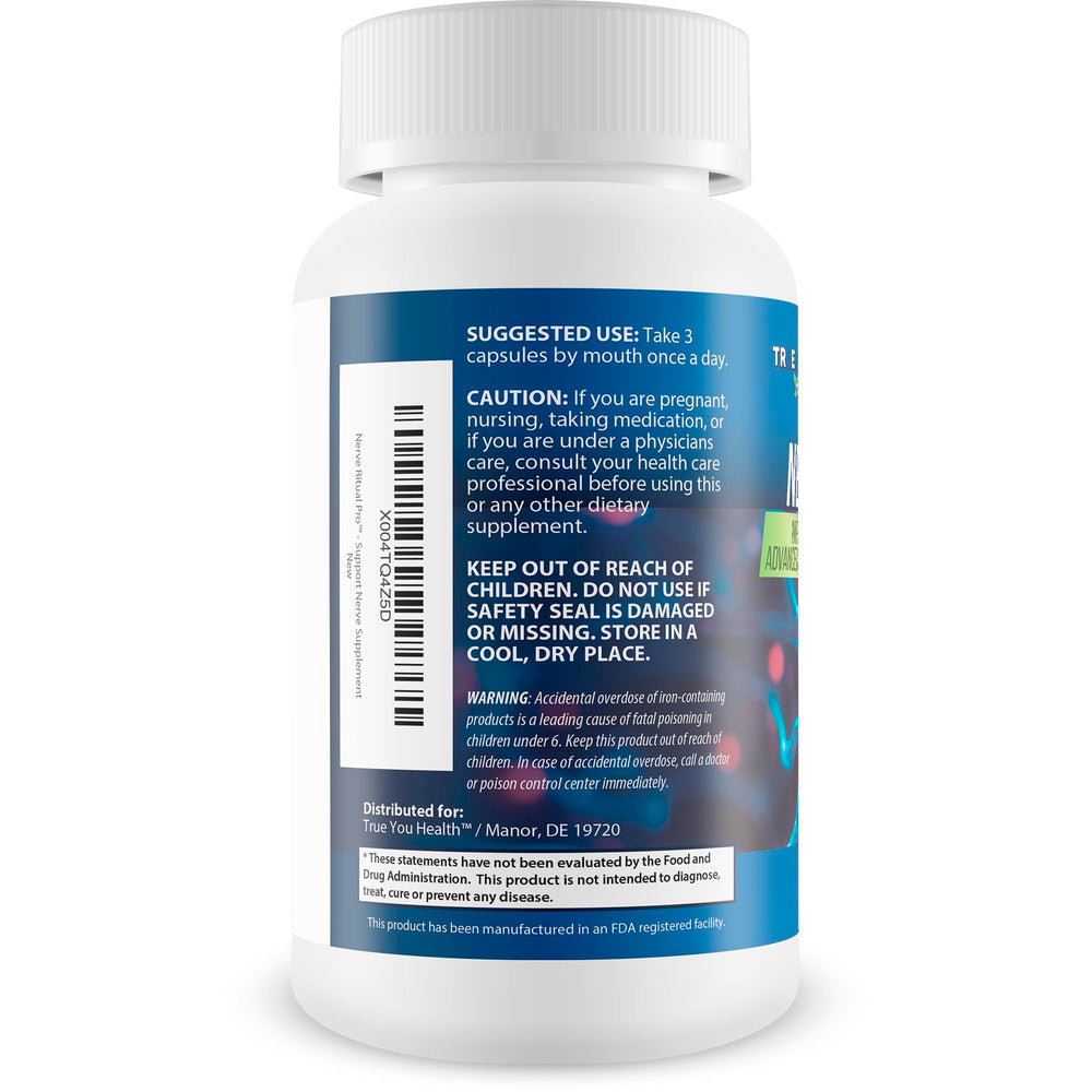 True You Health Nerve Ritual Pro capsules closeup emphasizes Lion’s Mane and B vitamin goodness.