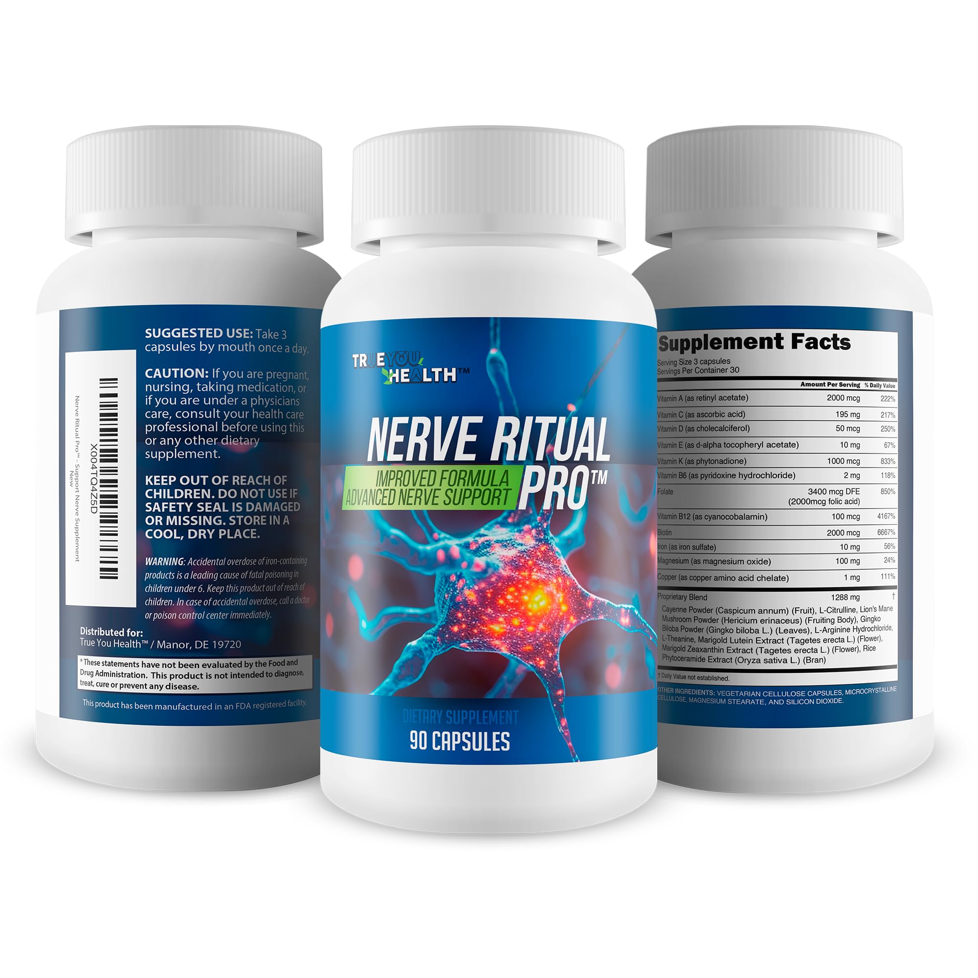 True You Health Nerve Ritual Pro label detail reveals quality ingredients for memory and nerve support.