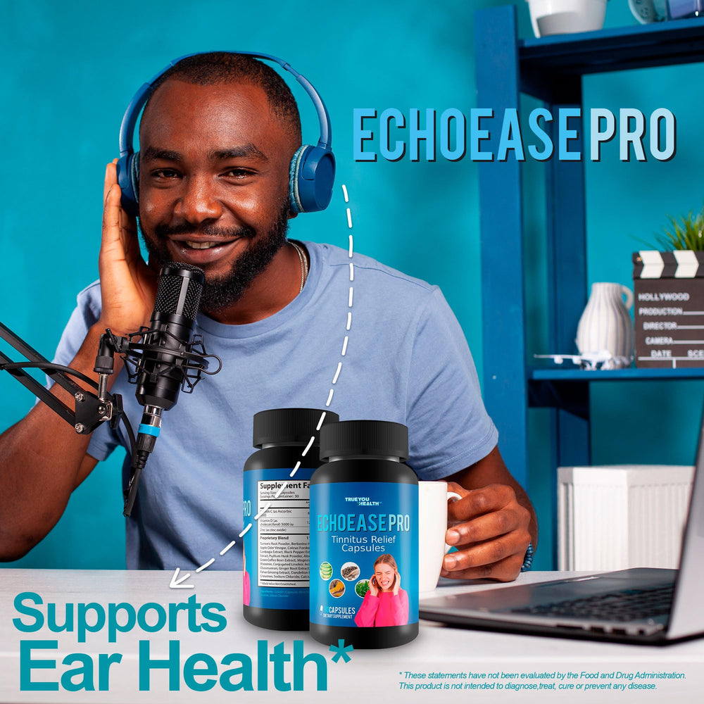 True You Health Pro EchoEase ingredient blend visuals suggest herbal ear health support.