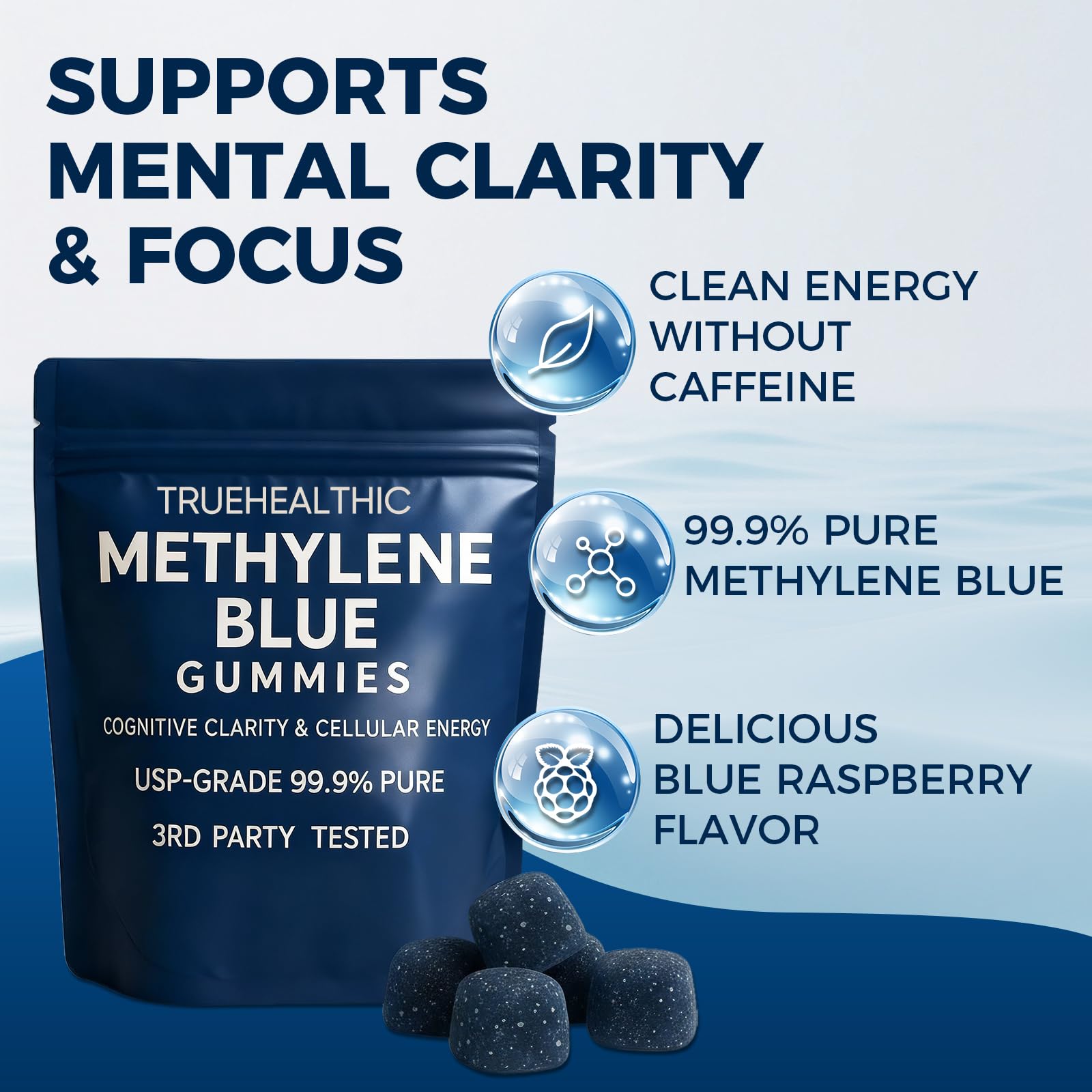 TRUEHEALTHIC bottle front showing 30 vegan gummies for clean focus