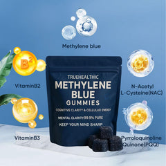 Close-up of TRUEHEALTHIC Methylene Blue Gummies texture indicating chewable cognitive support.